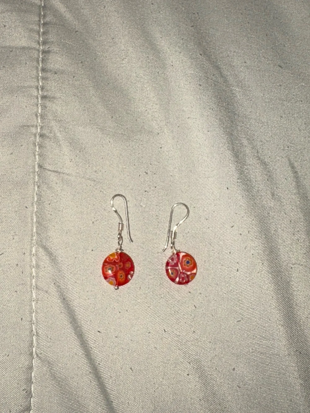 Handcrafted Red Millefiori Glass Drop Earrings with Silver Hooks